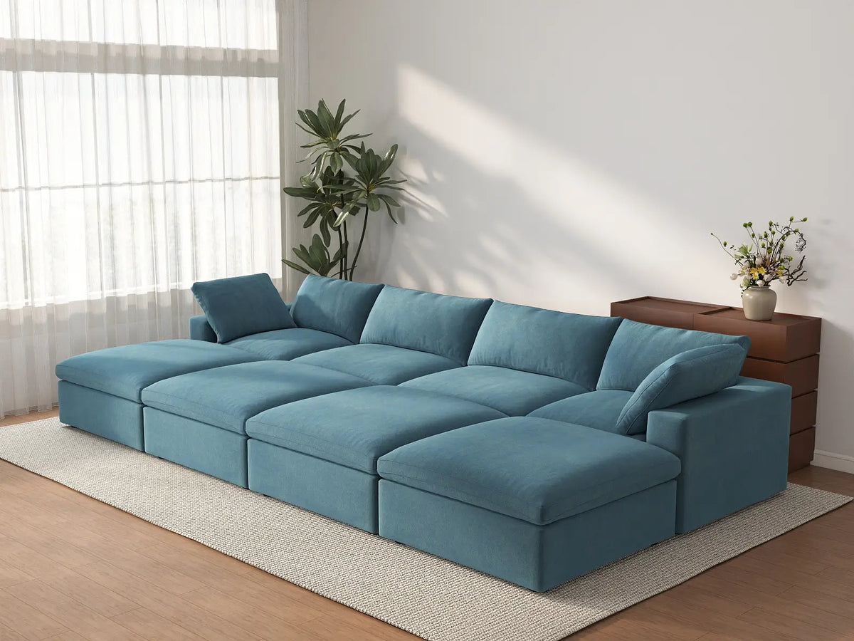 Deluxe Cloud 4-Seater Pit Sectional in Light Blue Velvet | 8-Piece (Includes 4 Ottomans), Family Room Seating, Easy To Clean, Open Space