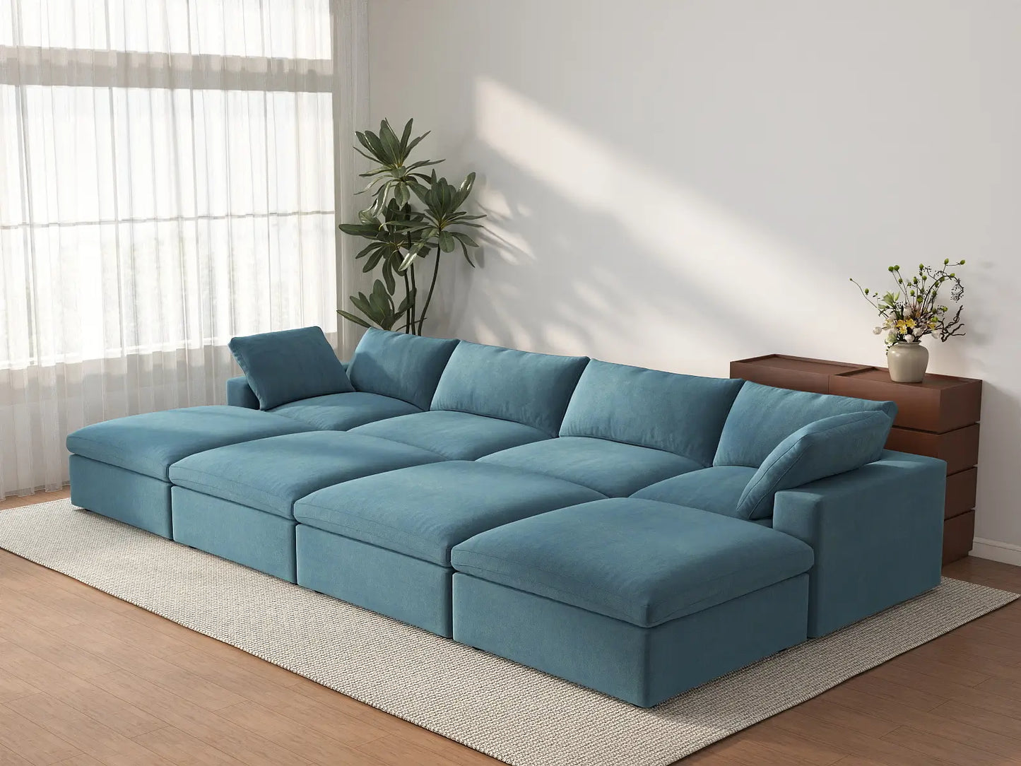Deluxe Cloud 4-Seater Pit Sectional in Light Blue Velvet | 8-Piece (Includes 4 Ottomans), Family Room Seating, Easy To Clean, Open Space