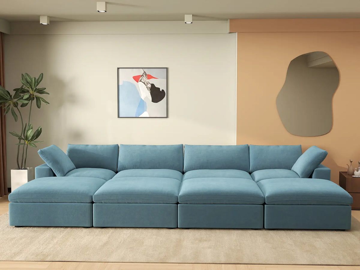 Deluxe Cloud 4-Seater Pit Sectional in Light Blue Velvet | 8-Piece (Includes 4 Ottomans), Family Room Seating, Easy To Clean, Open Space