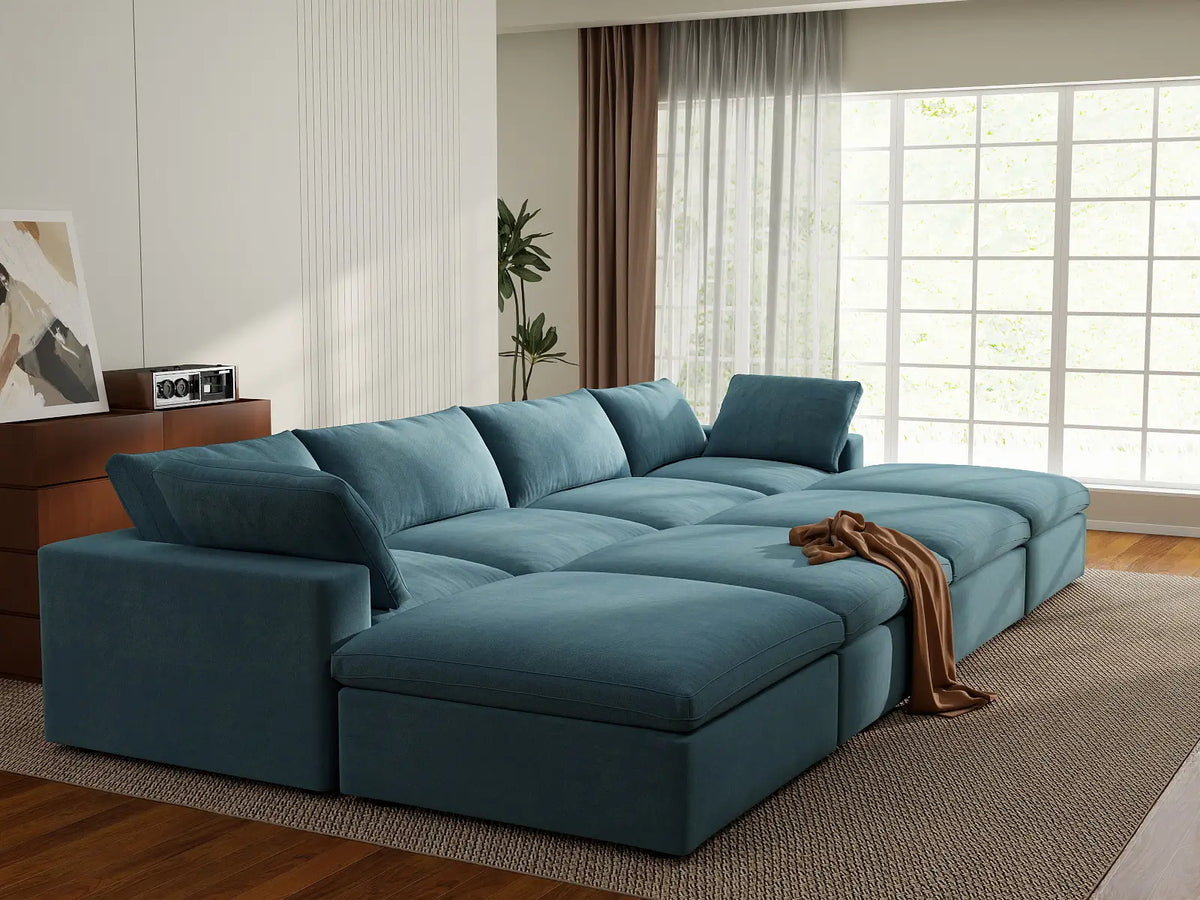 Deluxe Cloud 4-Seater Pit Sectional in Light Blue Velvet | 8-Piece (Includes 4 Ottomans), Family Room Seating, Easy To Clean, Open Space