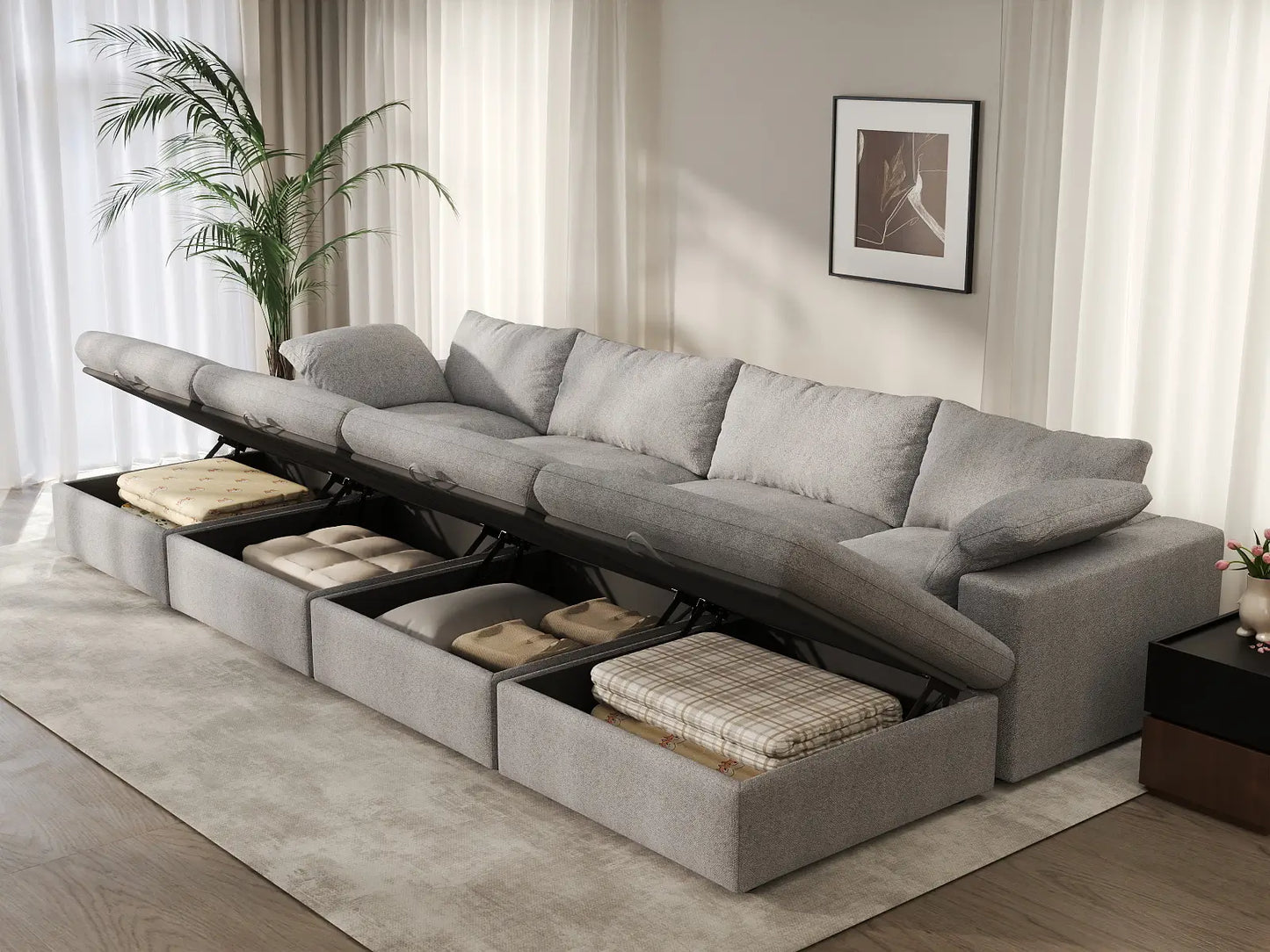 Deluxe Cloud 4-Seater Pit Sectional in Light-Grey Cotton And Linen | 8-Piece (Includes 4 Ottomans), Family Room Seating, Easy To Clean, Open Space