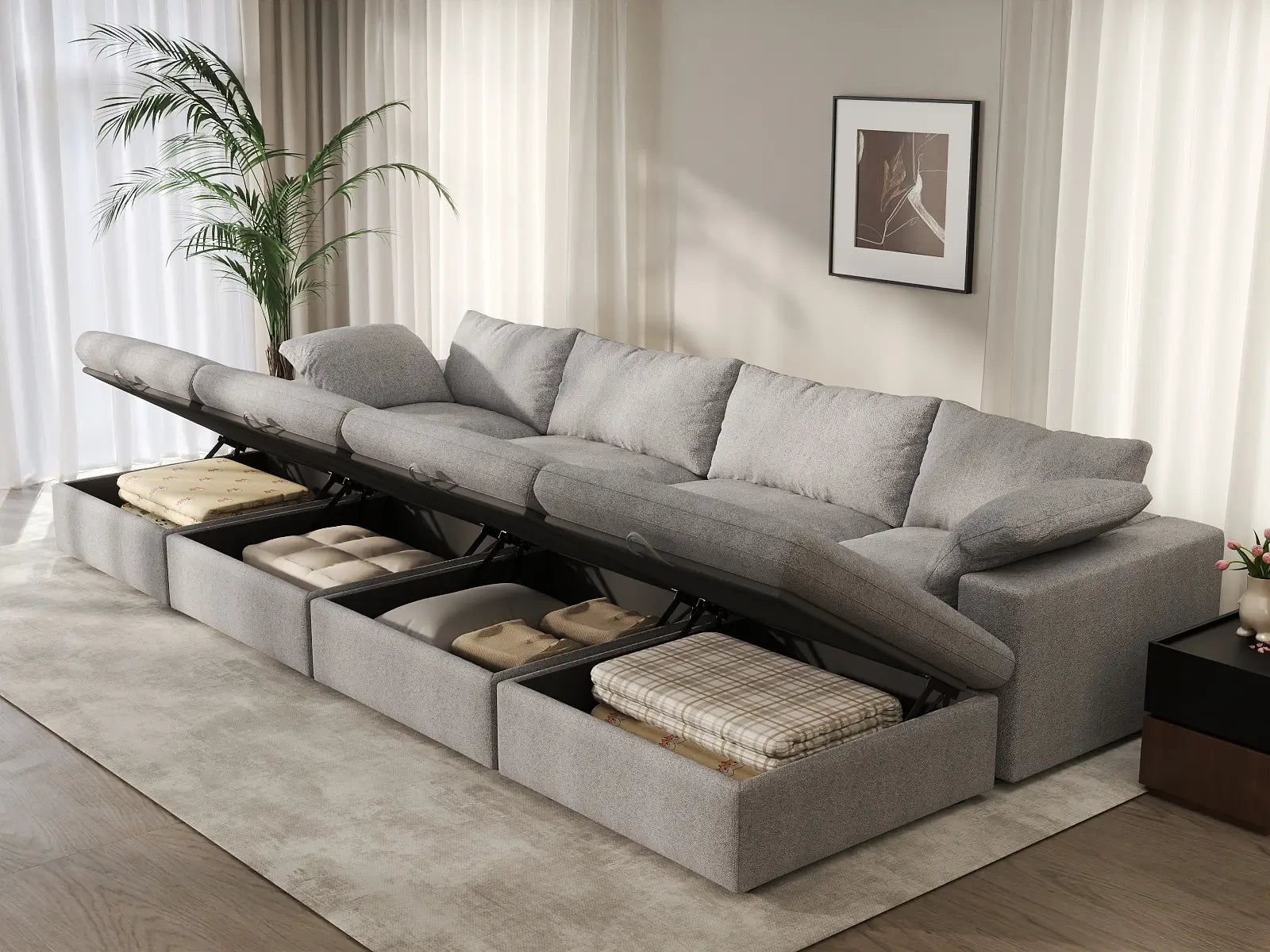 Deluxe Cloud 4-Seater Pit Sectional in Light-Grey Cotton And Linen | 8-Piece (Includes 4 Ottomans), Family Room Seating, Easy To Clean, Open Space