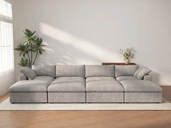Deluxe Cloud 4-Seater Pit Sectional in Light-Grey Cotton And Linen | 8-Piece (Includes 4 Ottomans), Family Room Seating, Easy To Clean, Open Space