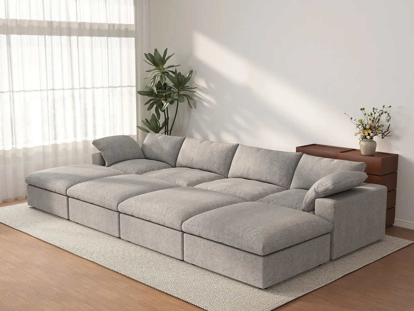 Deluxe Cloud 4-Seater Pit Sectional in Light-Grey Cotton And Linen | 8-Piece (Includes 4 Ottomans), Family Room Seating, Easy To Clean, Open Space