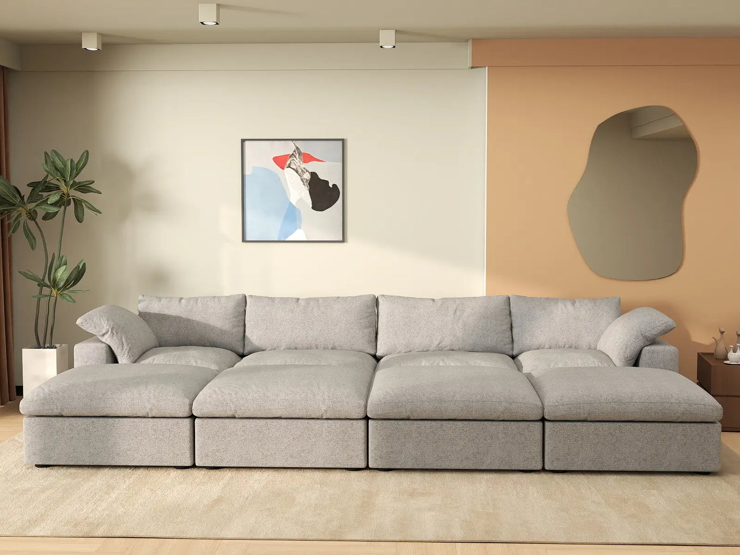 Deluxe Cloud 4-Seater Pit Sectional in Light-Grey Cotton And Linen | 8-Piece (Includes 4 Ottomans), Family Room Seating, Easy To Clean, Open Space