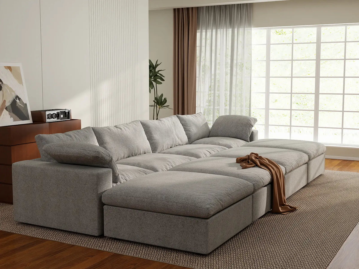 Deluxe Cloud 4-Seater Pit Sectional in Light-Grey Cotton And Linen | 8-Piece (Includes 4 Ottomans), Family Room Seating, Easy To Clean, Open Space