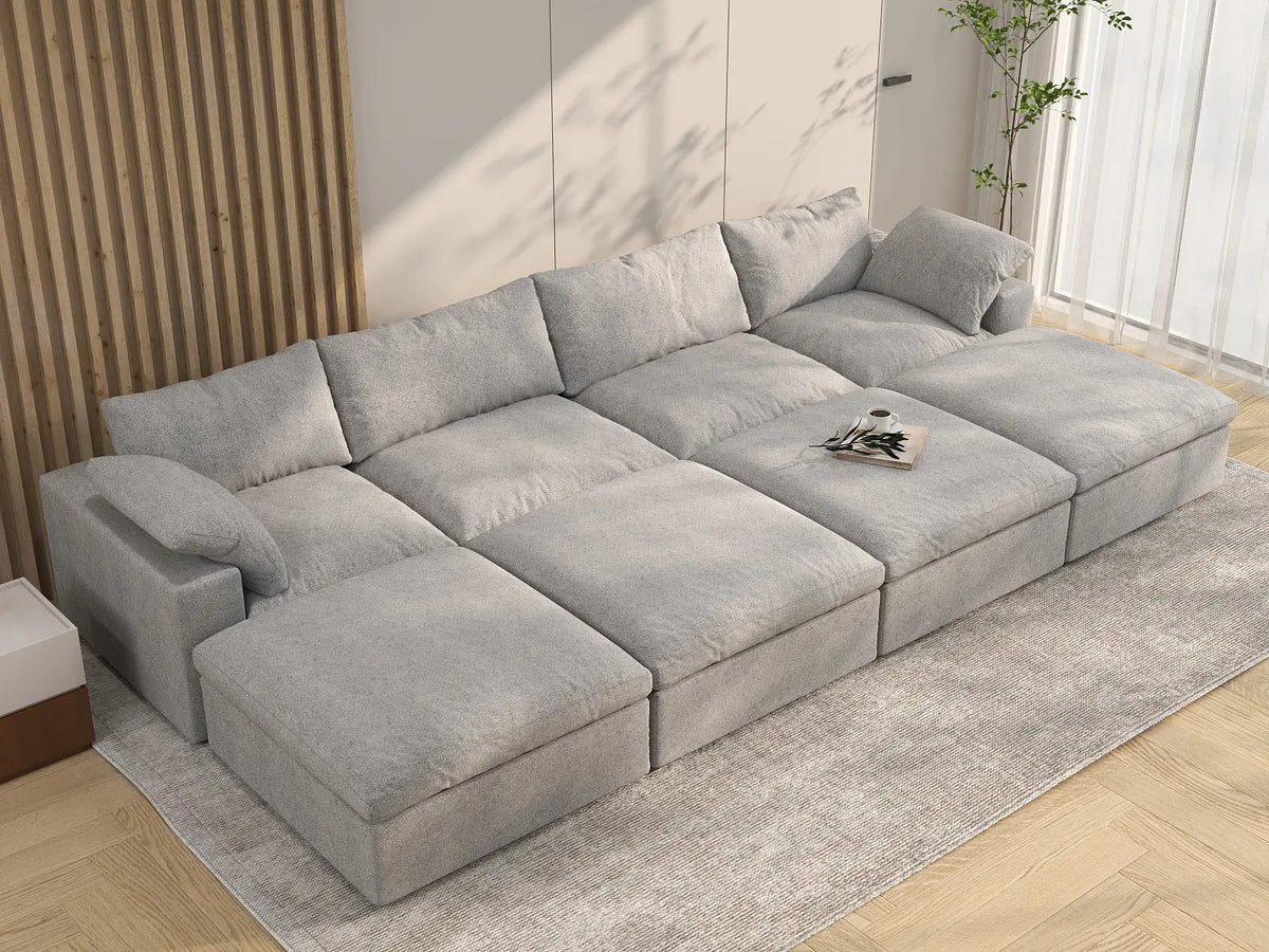 Deluxe Cloud 4-Seater Pit Sectional in Light-Grey Cotton And Linen | 8-Piece (Includes 4 Ottomans), Family Room Seating, Easy To Clean, Open Space