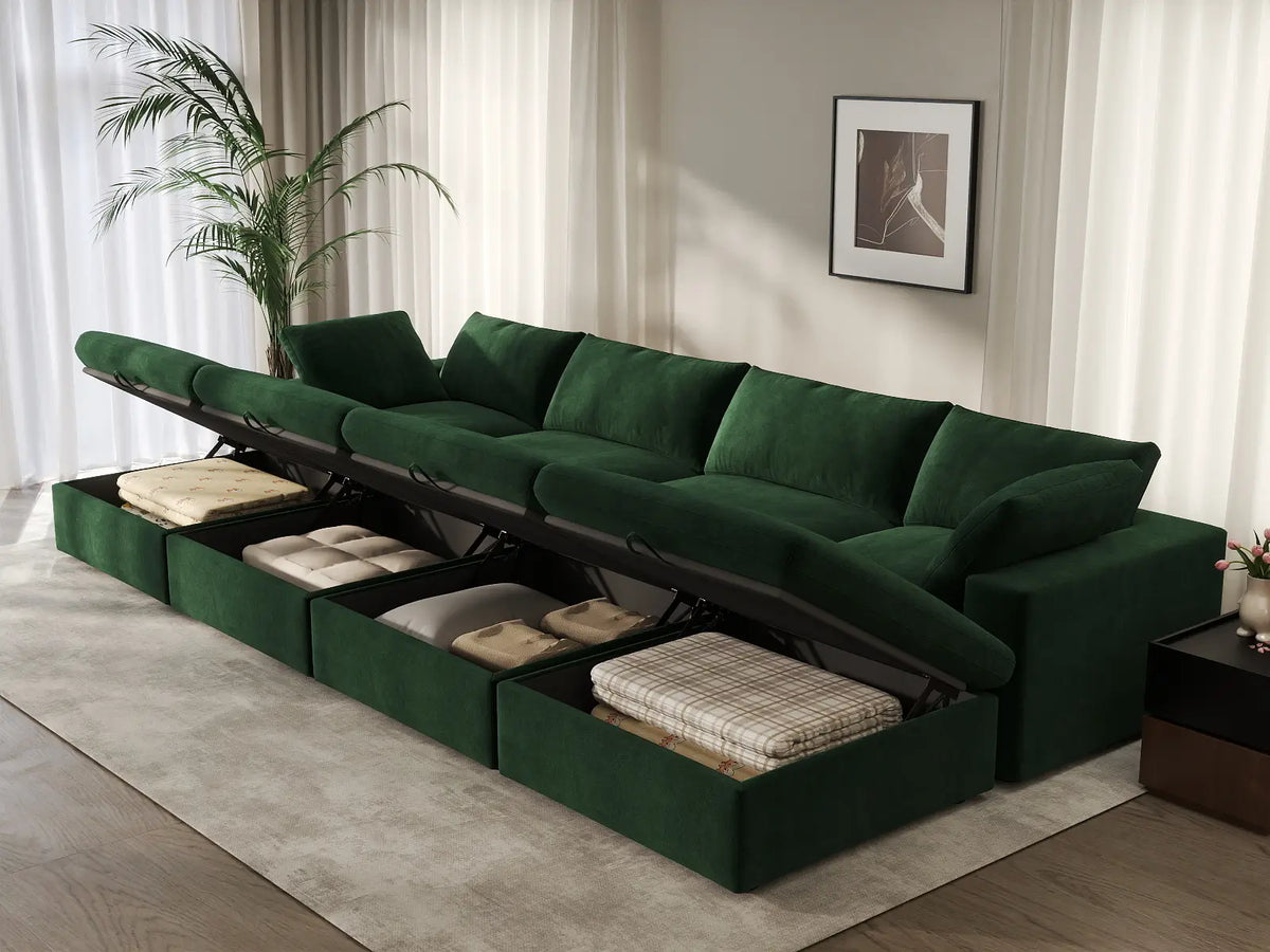Deluxe Cloud 4-Seater Pit Sectional in Olive Green Velvet | 8-Piece (Includes 4 Ottomans), Family Room Seating, Easy To Clean, Contemporary Style