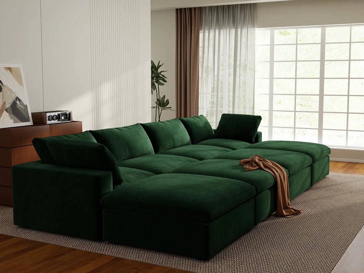 Deluxe Cloud 4-Seater Pit Sectional in Olive Green Velvet | 8-Piece (Includes 4 Ottomans), Family Room Seating, Easy To Clean, Contemporary Style