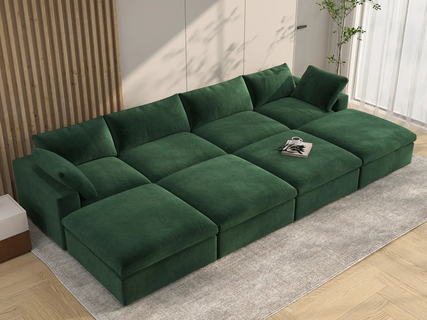 Deluxe Cloud 4-Seater Pit Sectional in Olive Green Velvet | 8-Piece (Includes 4 Ottomans), Family Room Seating, Easy To Clean, Contemporary Style