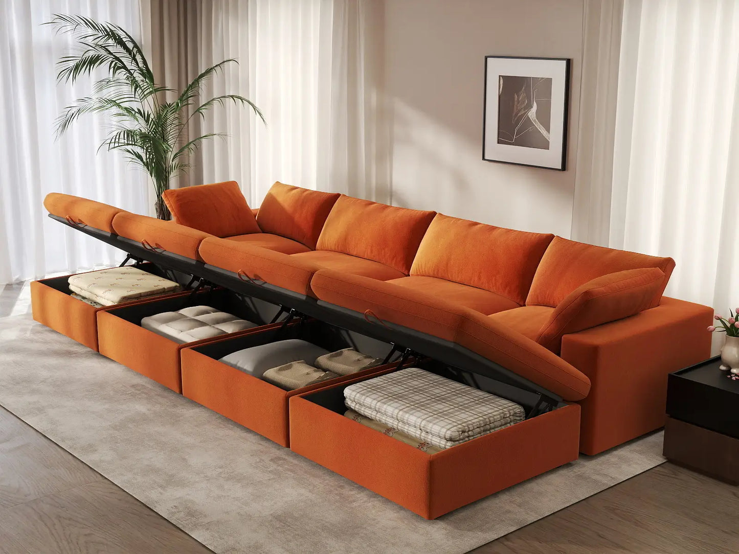 Deluxe Cloud 4-Seater Pit Sectional in Orange Velvet | 8-Piece (Includes 4 Ottomans), Family Room Seating, Easy To Clean, Modular Design