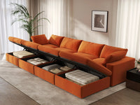 Deluxe Cloud 4-Seater Pit Sectional in Orange Velvet | 8-Piece (Includes 4 Ottomans), Family Room Seating, Easy To Clean, Modular Design
