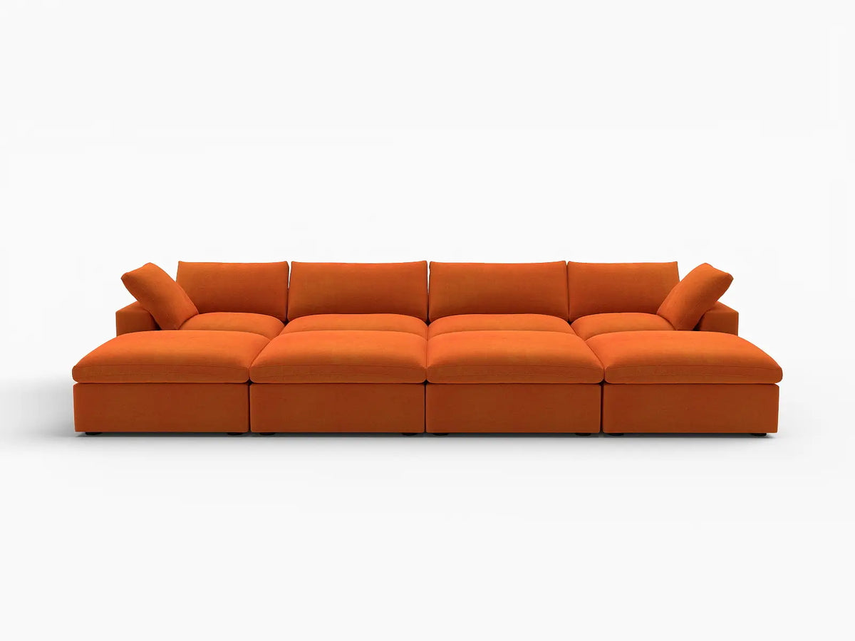 Deluxe Cloud 4-Seater Pit Sectional in Orange Velvet | 8-Piece (Includes 4 Ottomans), Family Room Seating, Easy To Clean, Modular Design