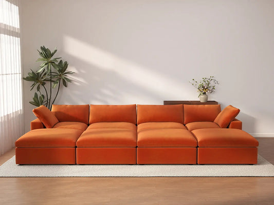 Deluxe Cloud 4-Seater Pit Sectional in Orange Velvet | 8-Piece (Includes 4 Ottomans), Family Room Seating, Easy To Clean, Modular Design