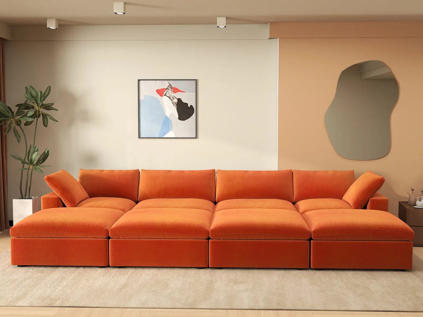 Deluxe Cloud 4-Seater Pit Sectional in Orange Velvet | 8-Piece (Includes 4 Ottomans), Family Room Seating, Easy To Clean, Modular Design