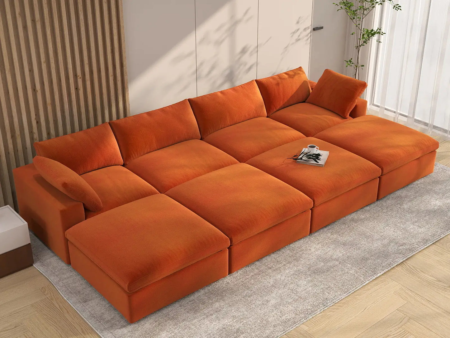 Deluxe Cloud 4-Seater Pit Sectional in Orange Velvet | 8-Piece (Includes 4 Ottomans), Family Room Seating, Easy To Clean, Modular Design