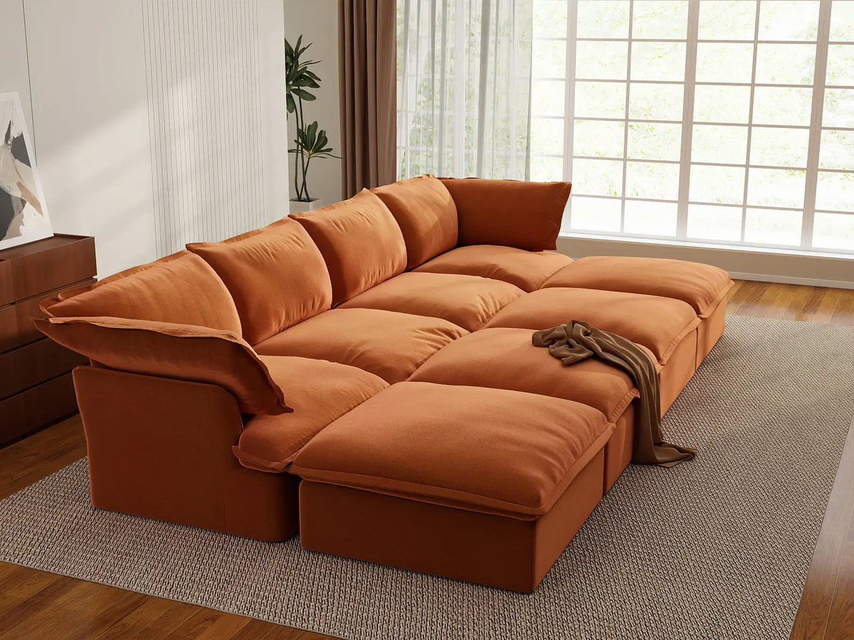 Deluxe Cloud 4-Seater Pit Sectional with Storage | 8-Piece (includes 4 ottomans), Velvet Fabric, Washable Covers
