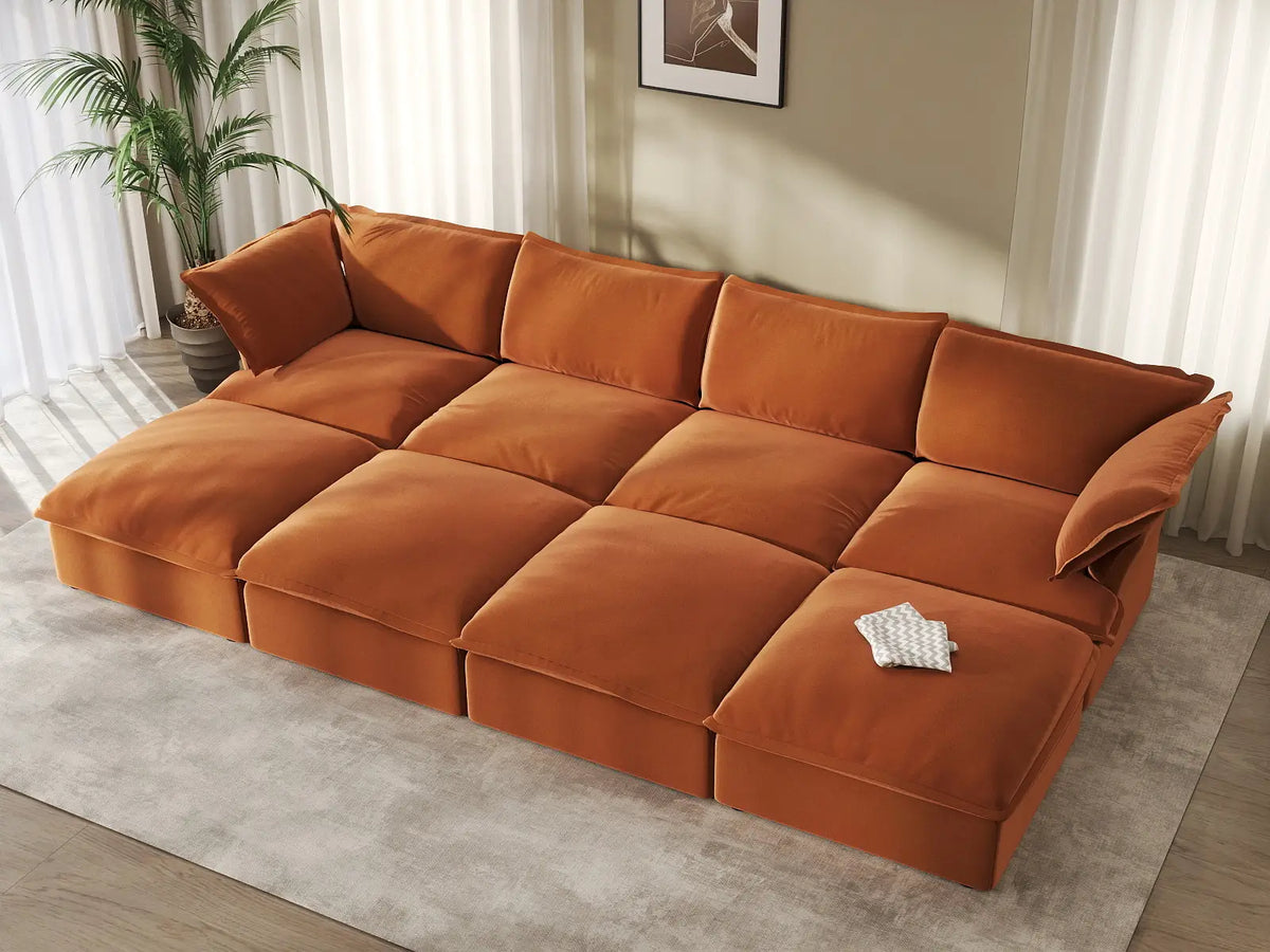 Deluxe Cloud 4-Seater Pit Sectional with Storage | 8-Piece (includes 4 ottomans), Velvet Fabric, Washable Covers