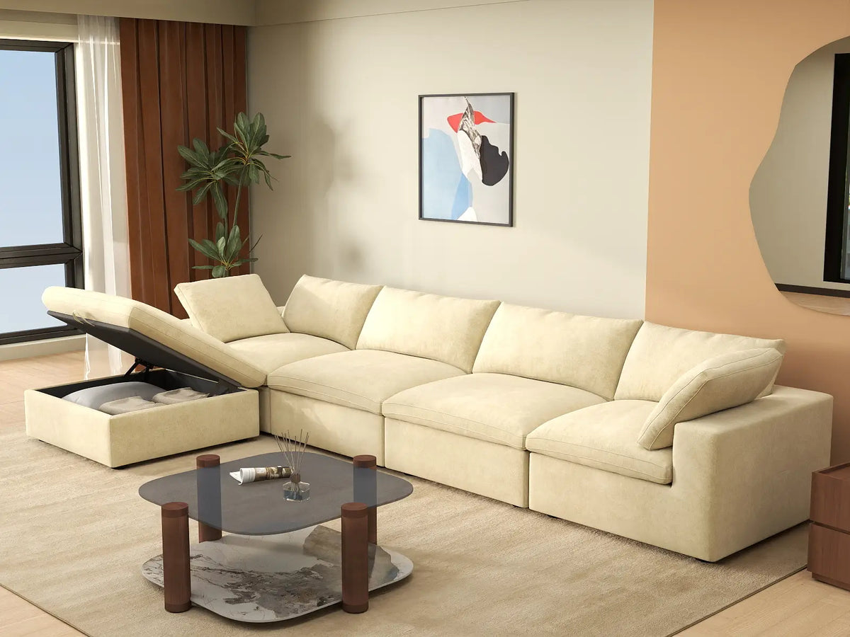 Deluxe Cloud 4-Seater Sofa Set in Beige Velvet | 5-Piece (Includes 1 Ottoman), Easy To Clean, Modular Design