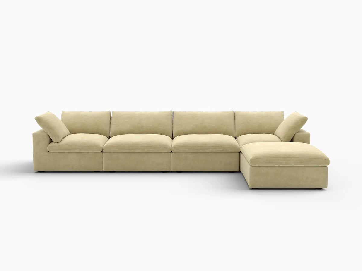 Deluxe Cloud 4-Seater Sofa Set in Beige Velvet | 5-Piece (Includes 1 Ottoman), Easy To Clean, Modular Design