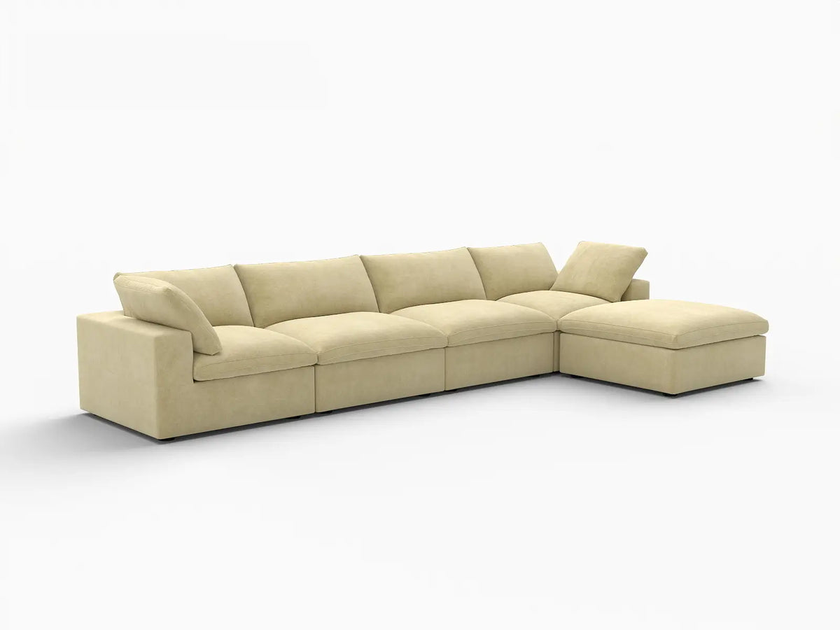 Deluxe Cloud 4-Seater Sofa Set in Beige Velvet | 5-Piece (Includes 1 Ottoman), Easy To Clean, Modular Design