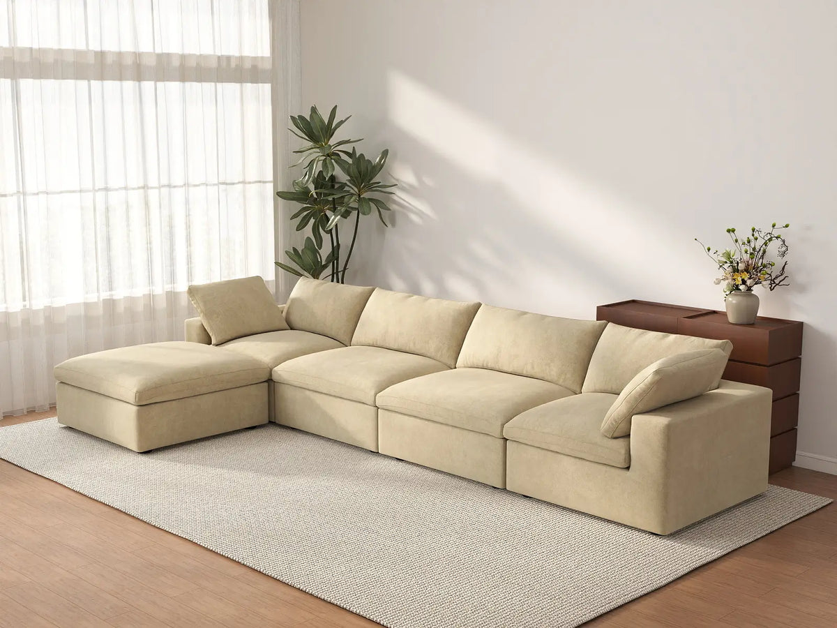 Deluxe Cloud 4-Seater Sofa Set in Beige Velvet | 5-Piece (Includes 1 Ottoman), Easy To Clean, Modular Design
