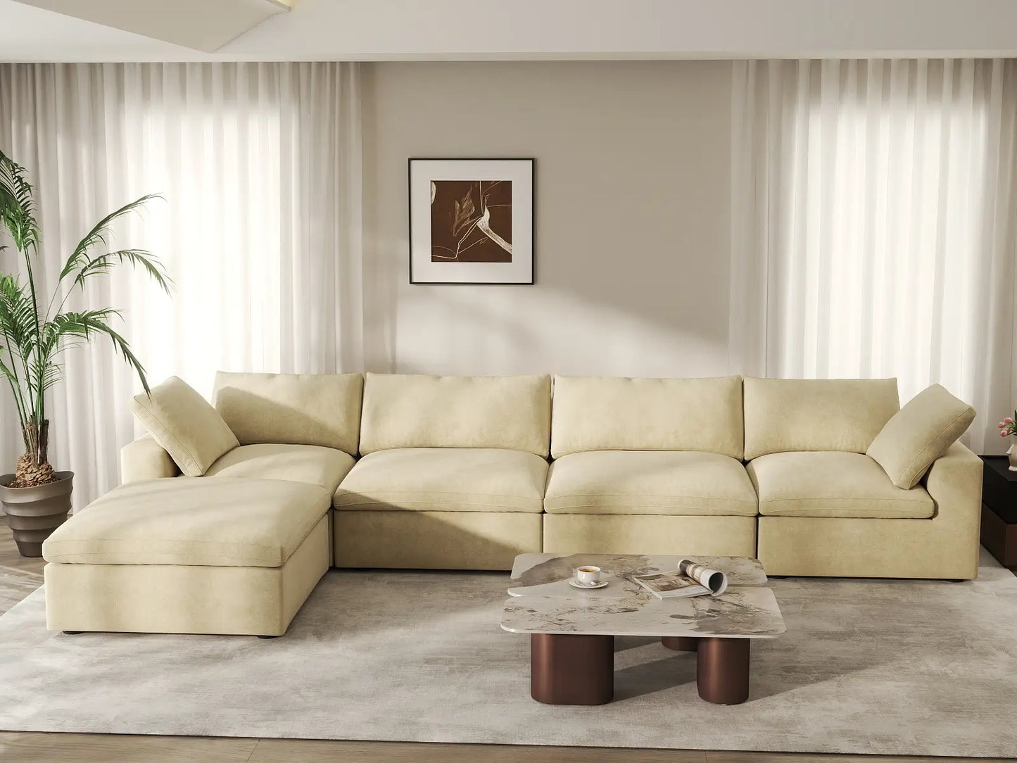 Deluxe Cloud 4-Seater Sofa Set in Beige Velvet | 5-Piece (Includes 1 Ottoman), Easy To Clean, Modular Design