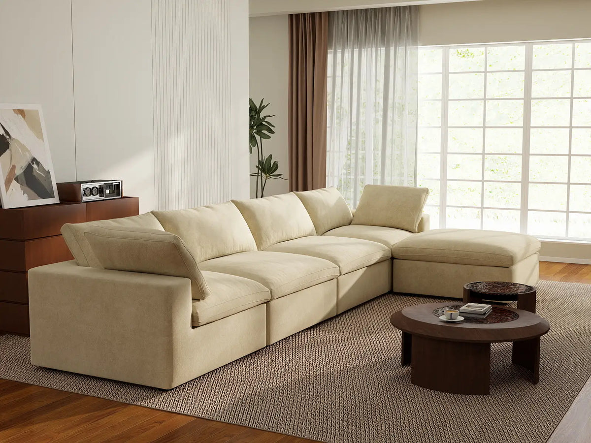 Deluxe Cloud 4-Seater Sofa Set in Beige Velvet | 5-Piece (Includes 1 Ottoman), Easy To Clean, Modular Design