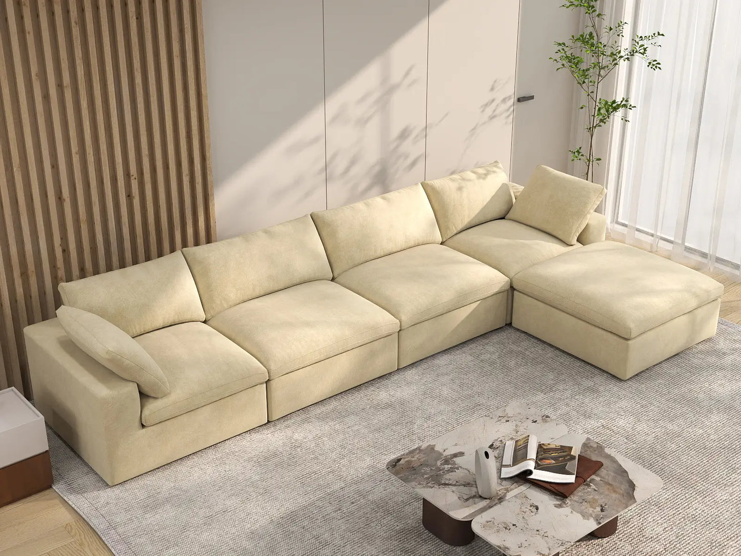 Deluxe Cloud 4-Seater Sofa Set in Beige Velvet | 5-Piece (Includes 1 Ottoman), Easy To Clean, Modular Design