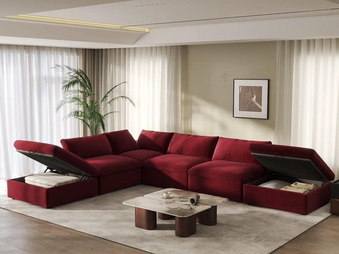 Deluxe Cloud 4-Seater Sofa Set in Claret Velvet | 6-Piece (Includes 2 Ottomans), Easy To Clean, Large Space