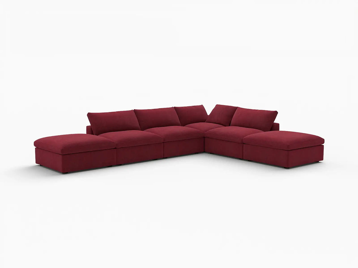 Deluxe Cloud 4-Seater Sofa Set in Claret Velvet | 6-Piece (Includes 2 Ottomans), Easy To Clean, Large Space