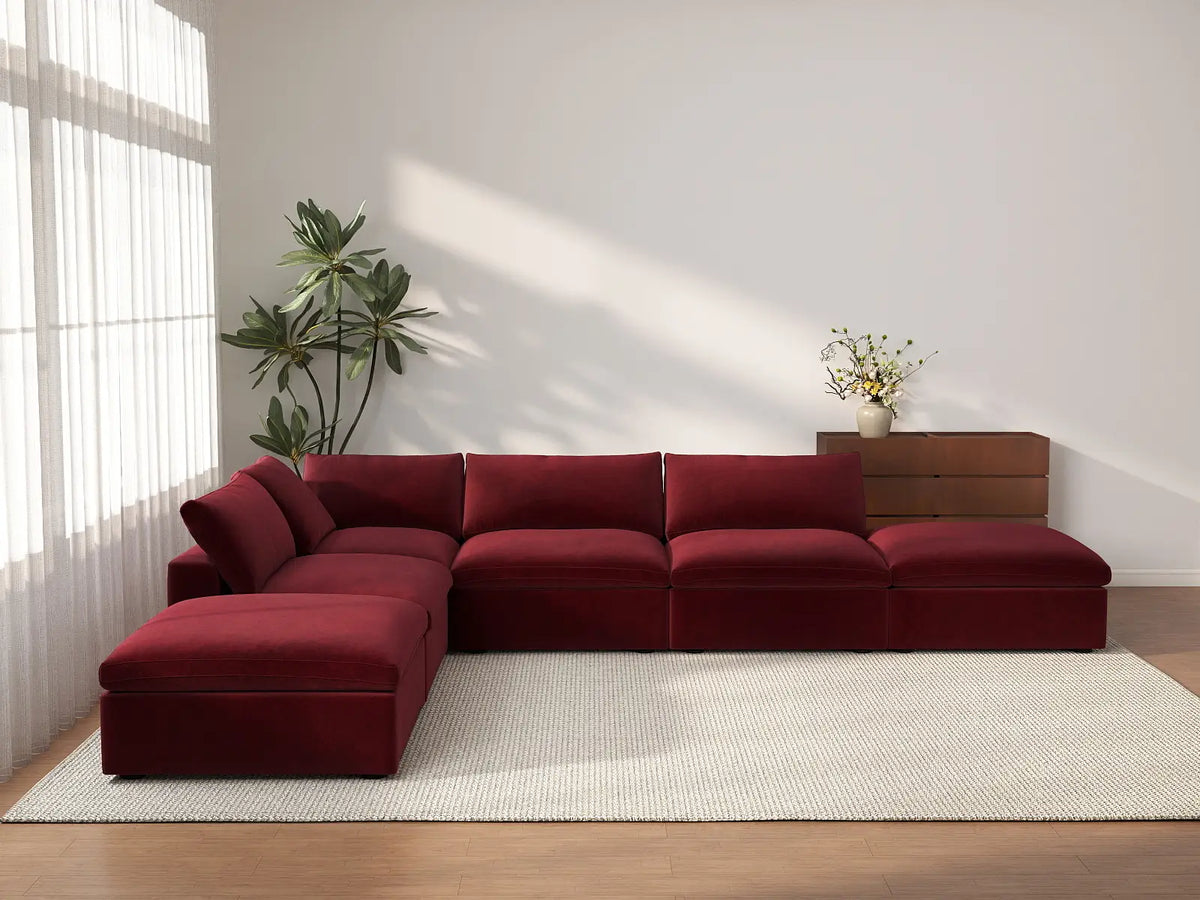 Deluxe Cloud 4-Seater Sofa Set in Claret Velvet | 6-Piece (Includes 2 Ottomans), Easy To Clean, Large Space