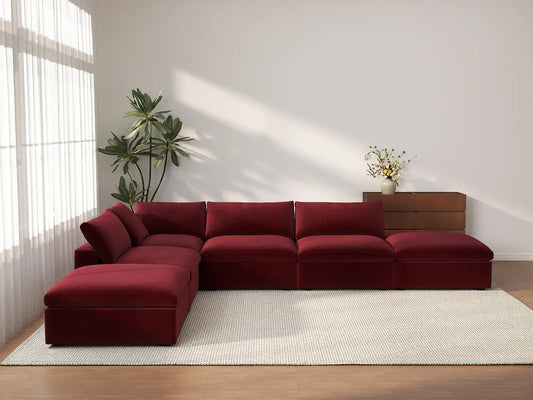 Deluxe Cloud 4-Seater Sofa Set in Claret Velvet | 6-Piece (Includes 2 Ottomans), Easy To Clean, Large Space