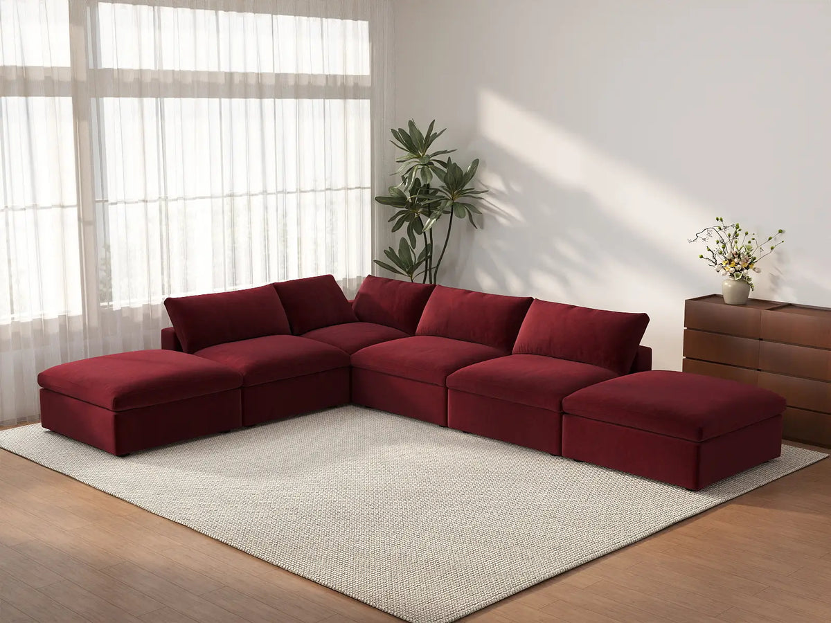 Deluxe Cloud 4-Seater Sofa Set in Claret Velvet | 6-Piece (Includes 2 Ottomans), Easy To Clean, Large Space