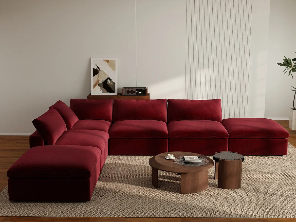 Deluxe Cloud 4-Seater Sofa Set in Claret Velvet | 6-Piece (Includes 2 Ottomans), Easy To Clean, Large Space