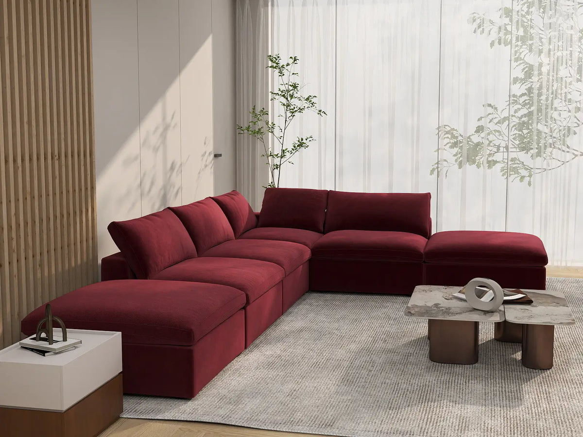 Deluxe Cloud 4-Seater Sofa Set in Claret Velvet | 6-Piece (Includes 2 Ottomans), Easy To Clean, Large Space