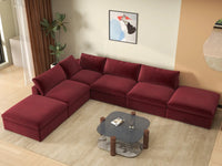 Deluxe Cloud 4-Seater Sofa Set in Claret Velvet | 6-Piece (Includes 2 Ottomans), Easy To Clean, Large Space