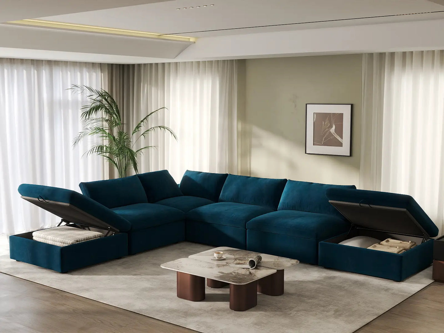 Deluxe Cloud 4-Seater Sofa Set in Dark Blue Velvet | 6-Piece (Includes 2 Ottomans), Easy To Clean, Stylish Design
