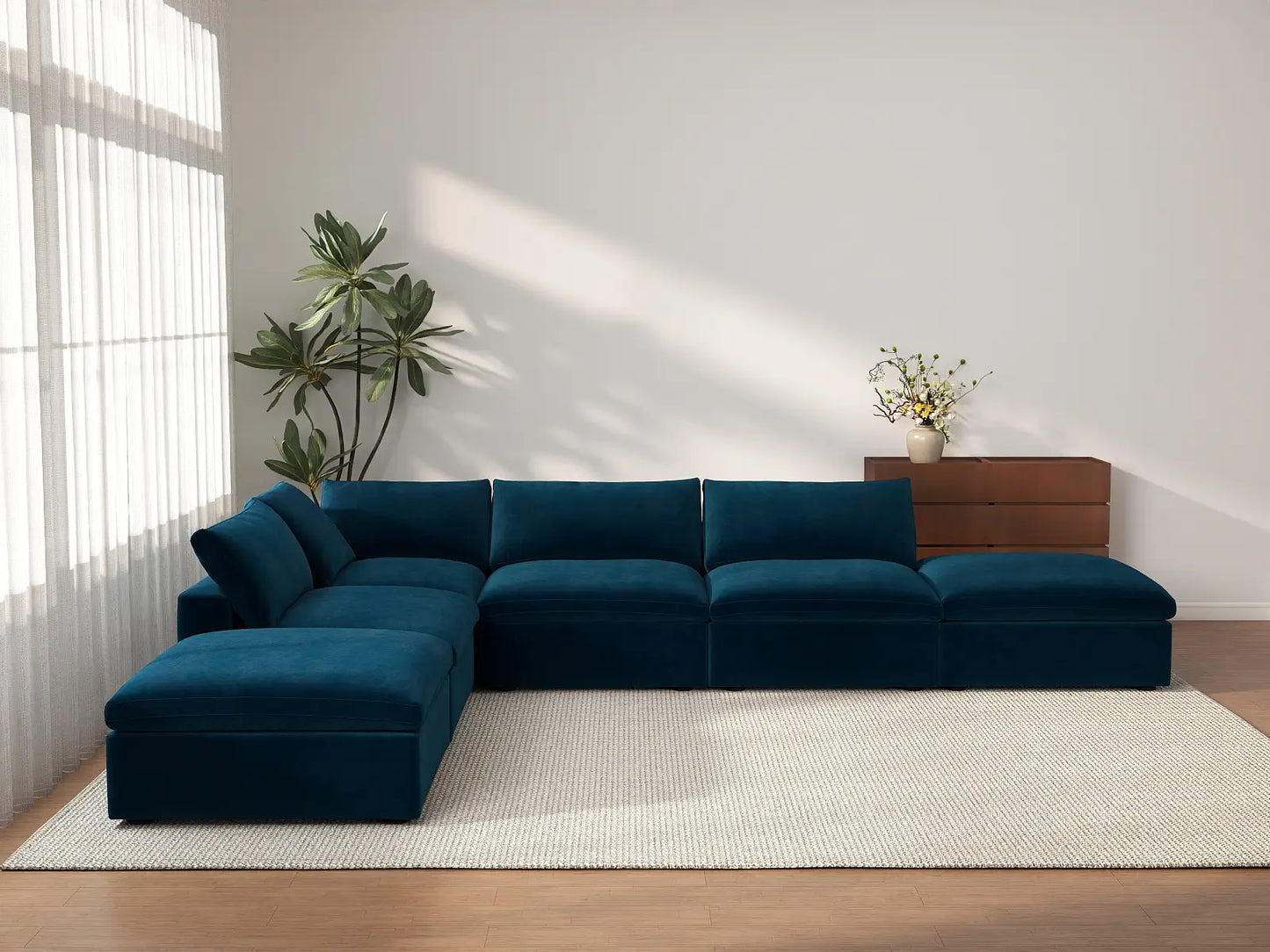 Deluxe Cloud 4-Seater Sofa Set in Dark Blue Velvet | 6-Piece (Includes 2 Ottomans), Easy To Clean, Stylish Design