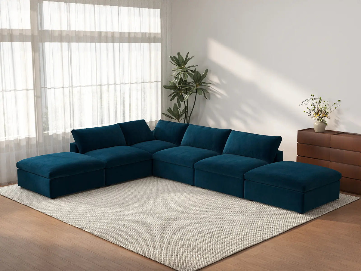 Deluxe Cloud 4-Seater Sofa Set in Dark Blue Velvet | 6-Piece (Includes 2 Ottomans), Easy To Clean, Stylish Design