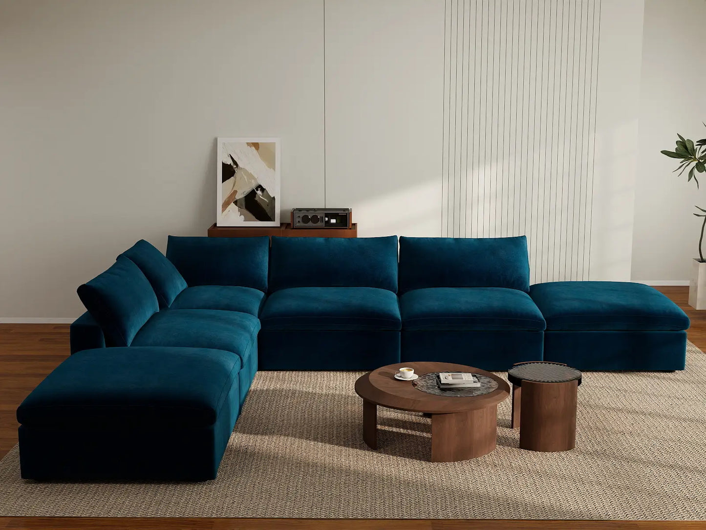 Deluxe Cloud 4-Seater Sofa Set in Dark Blue Velvet | 6-Piece (Includes 2 Ottomans), Easy To Clean, Stylish Design