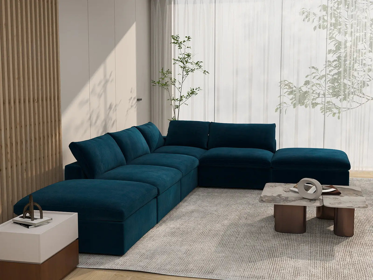 Deluxe Cloud 4-Seater Sofa Set in Dark Blue Velvet | 6-Piece (Includes 2 Ottomans), Easy To Clean, Stylish Design