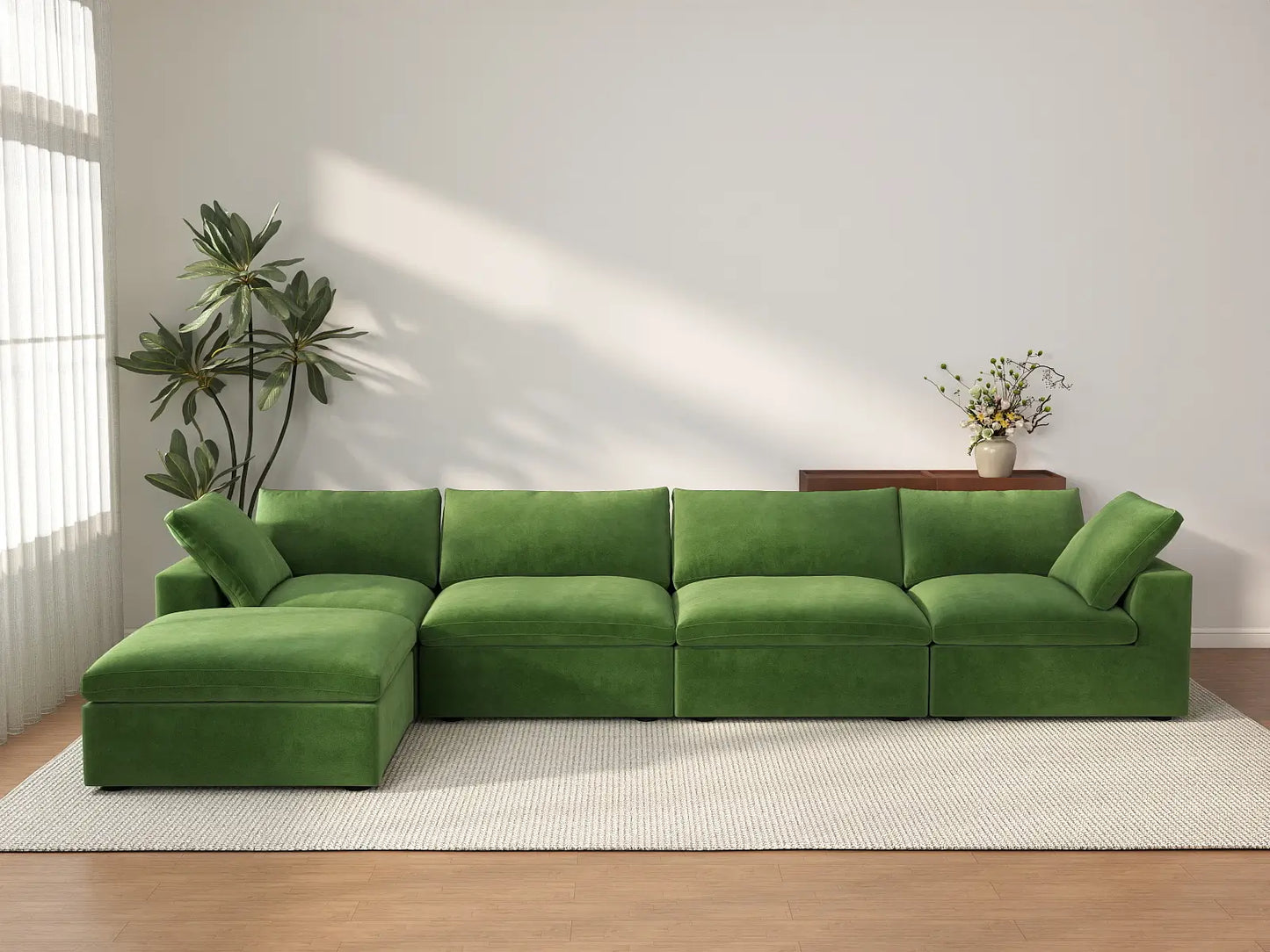 Deluxe Cloud 4-Seater Sofa Set in Earth Green Velvet | 5-Piece (Includes 1 Ottoman), Easy To Clean, Stylish Design