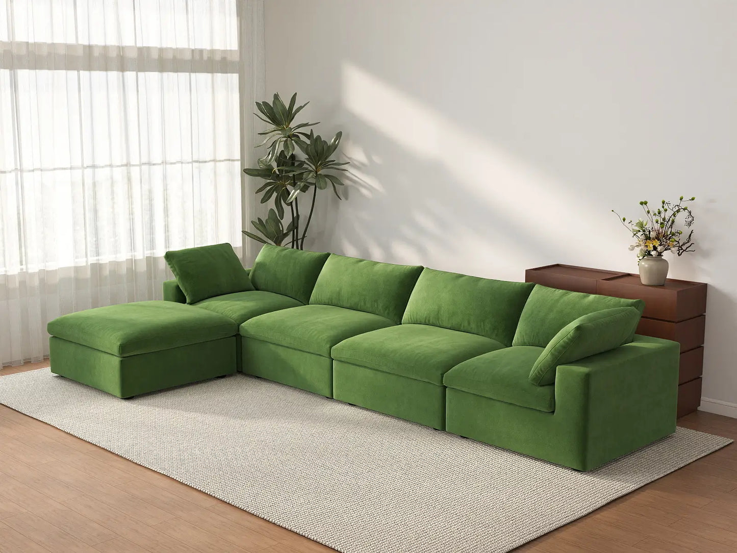 Deluxe Cloud 4-Seater Sofa Set in Earth Green Velvet | 5-Piece (Includes 1 Ottoman), Easy To Clean, Stylish Design
