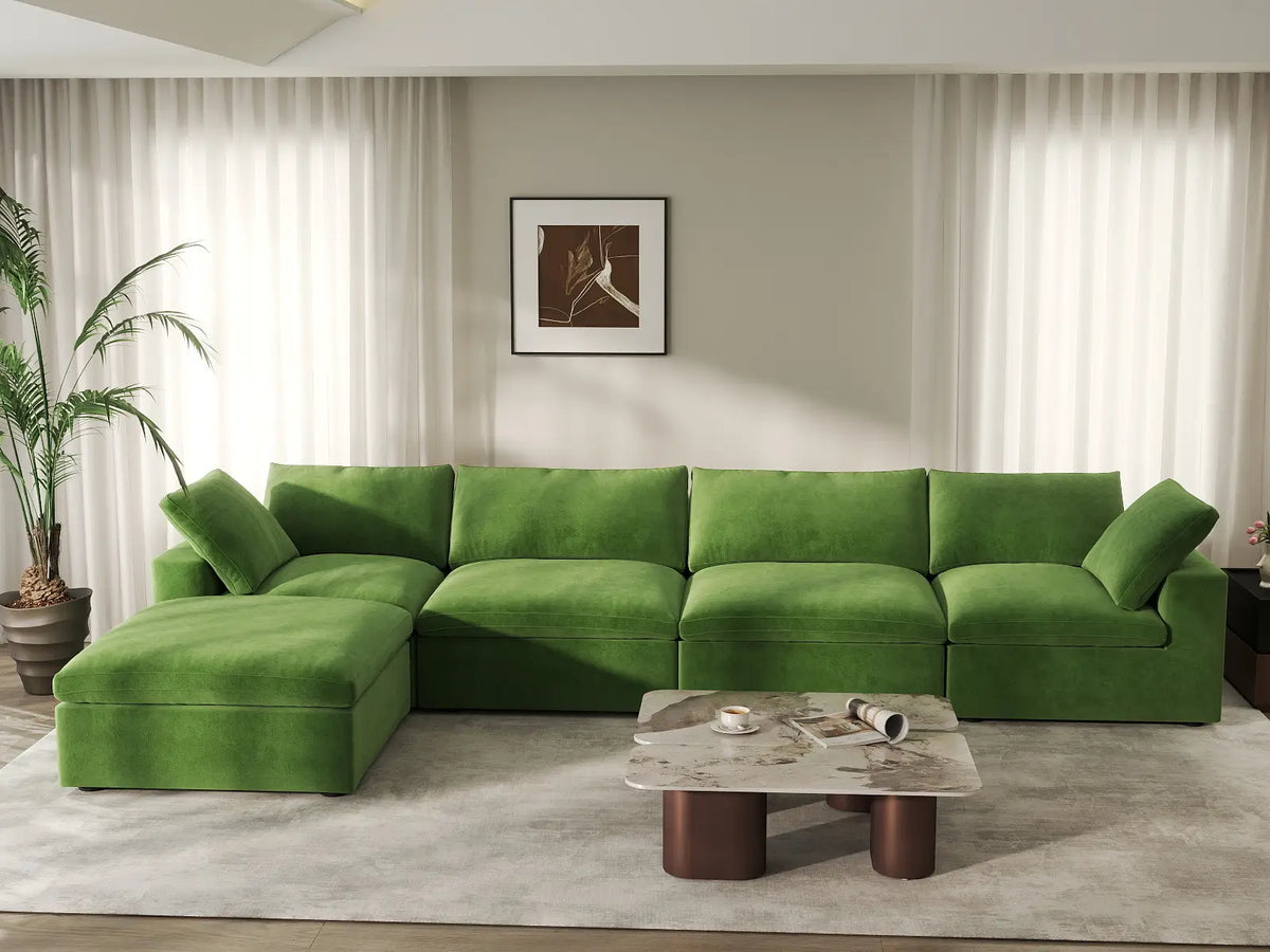 Deluxe Cloud 4-Seater Sofa Set in Earth Green Velvet | 5-Piece (Includes 1 Ottoman), Easy To Clean, Stylish Design