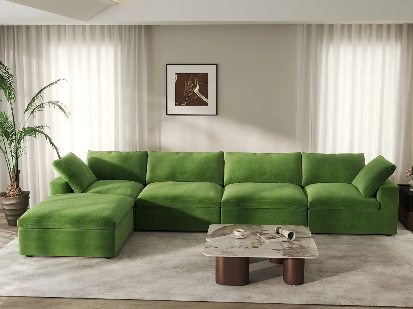 Deluxe Cloud 4-Seater Sofa Set in Earth Green Velvet | 5-Piece (Includes 1 Ottoman), Easy To Clean, Stylish Design