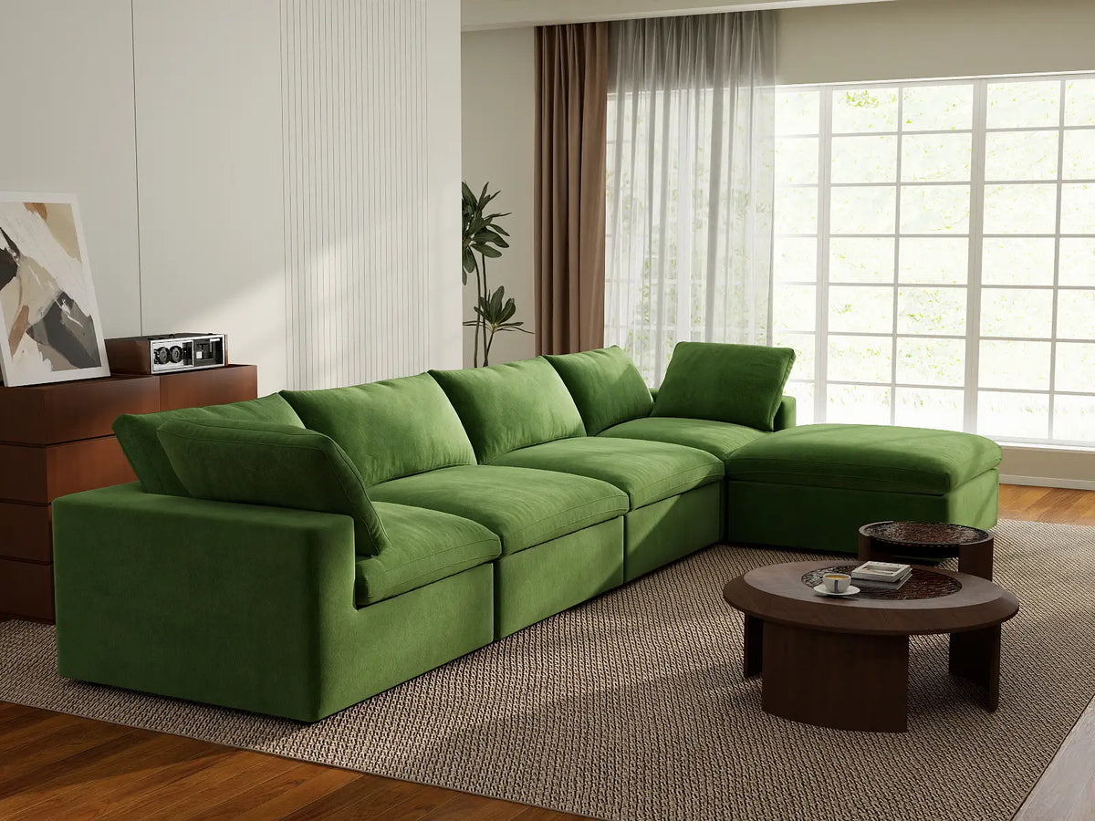 Deluxe Cloud 4-Seater Sofa Set in Earth Green Velvet | 5-Piece (Includes 1 Ottoman), Easy To Clean, Stylish Design