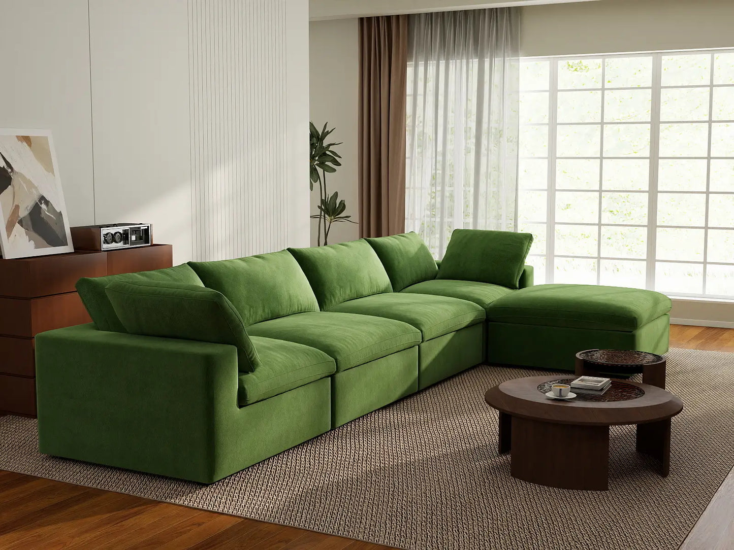 Deluxe Cloud 4-Seater Sofa Set in Earth Green Velvet | 5-Piece (Includes 1 Ottoman), Easy To Clean, Stylish Design