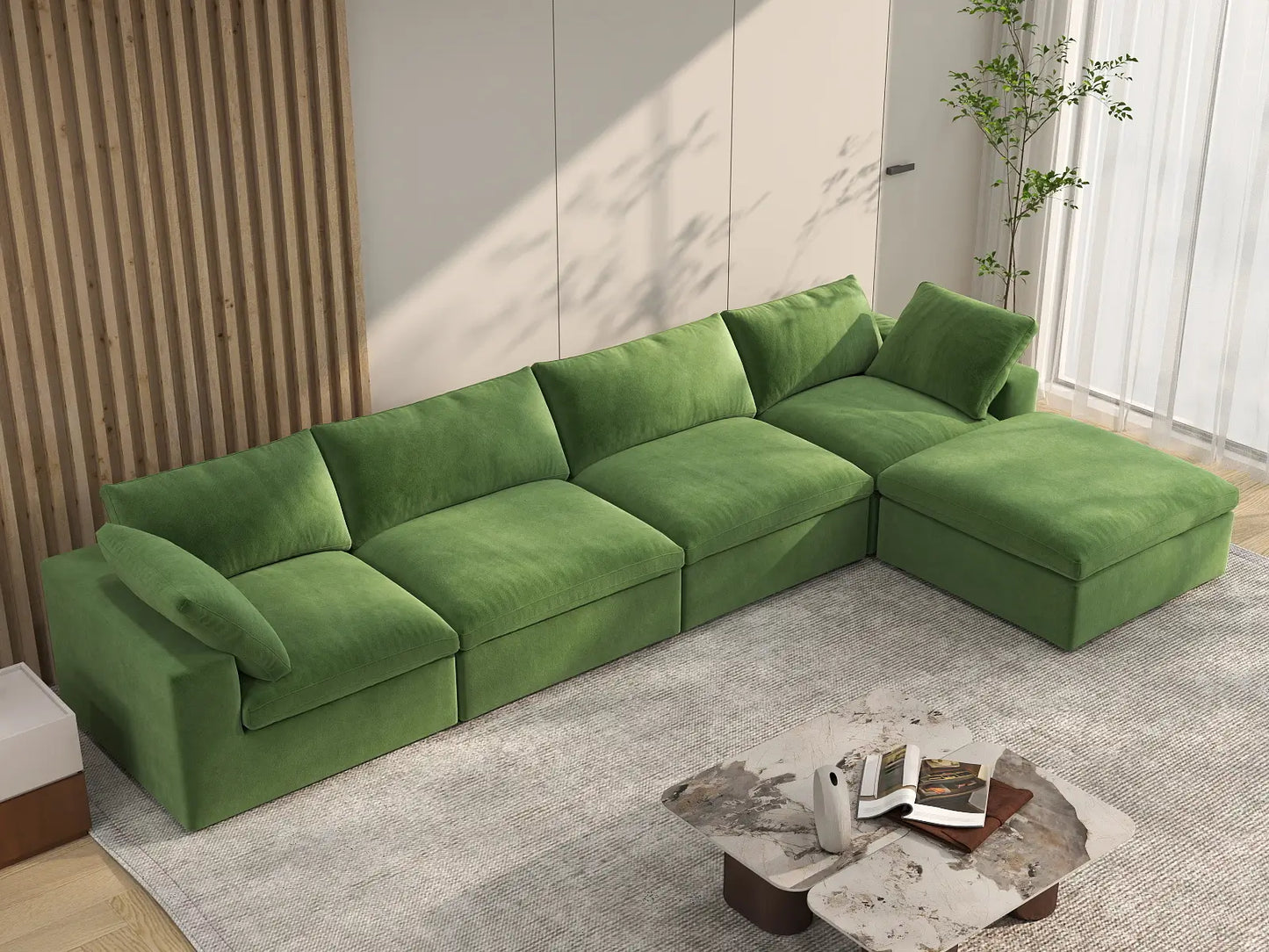 Deluxe Cloud 4-Seater Sofa Set in Earth Green Velvet | 5-Piece (Includes 1 Ottoman), Easy To Clean, Stylish Design