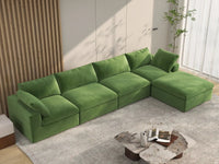 Deluxe Cloud 4-Seater Sofa Set in Earth Green Velvet | 5-Piece (Includes 1 Ottoman), Easy To Clean, Stylish Design